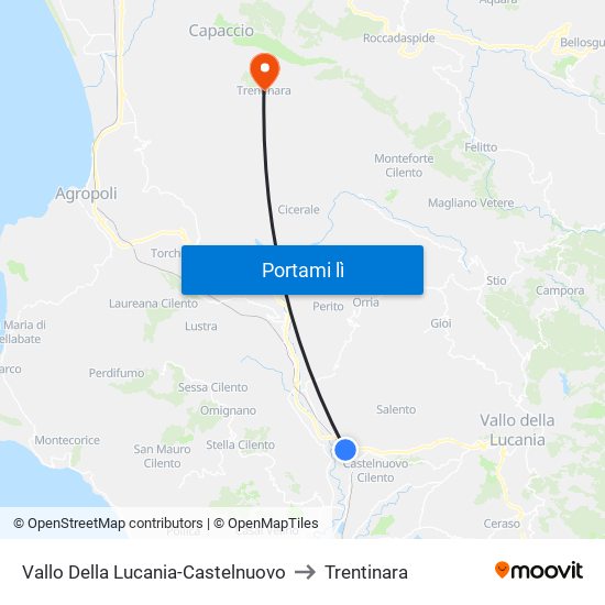 Vallo Della Lucania-Castelnuovo to Trentinara map
