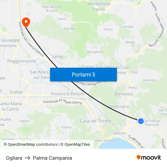 Ogliara to Palma Campania map