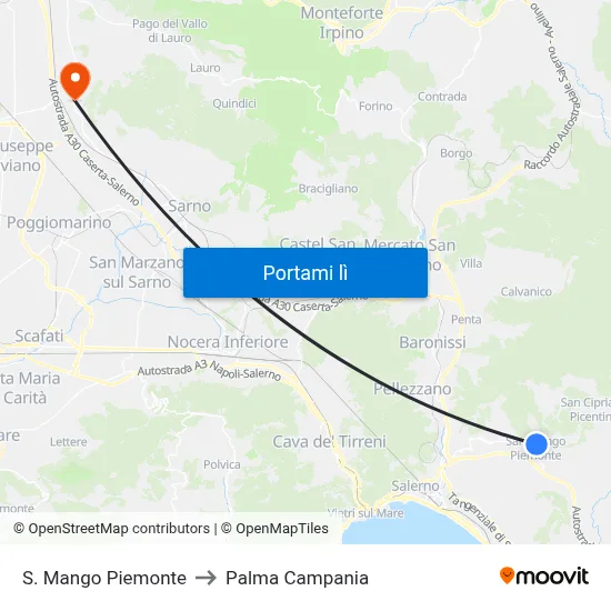 S. Mango Piemonte to Palma Campania map