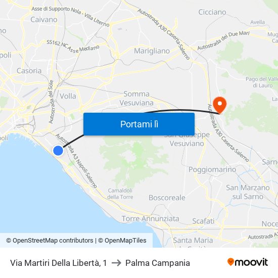 Via Martiri Della Libertà, 1 to Palma Campania map