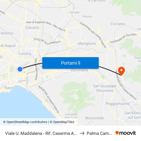 Viale U. Maddalena - Rif. Caserma Aeronautica to Palma Campania map