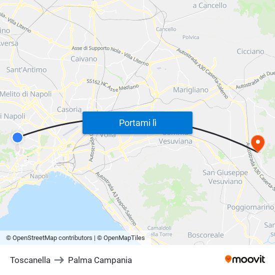 Toscanella to Palma Campania map