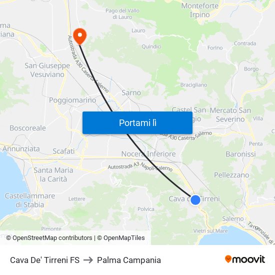 Cava De' Tirreni FS to Palma Campania map