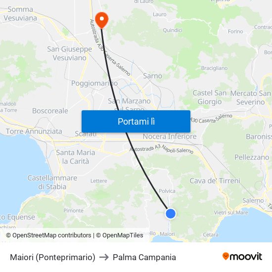 Maiori (Ponteprimario) to Palma Campania map