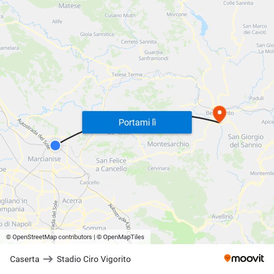 Caserta to Stadio Ciro Vigorito map