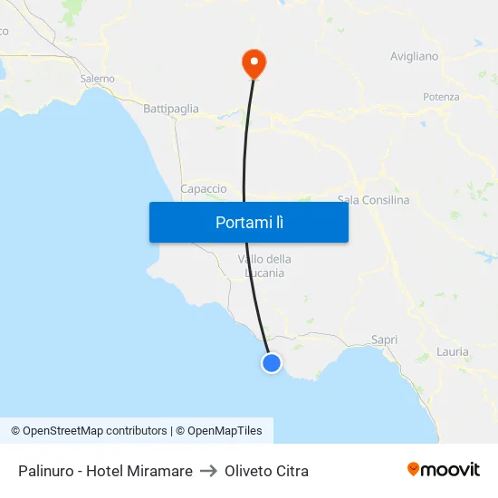 Palinuro - Hotel Miramare to Oliveto Citra map