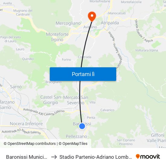 Baronissi Municipio to Stadio Partenio-Adriano Lombardi map