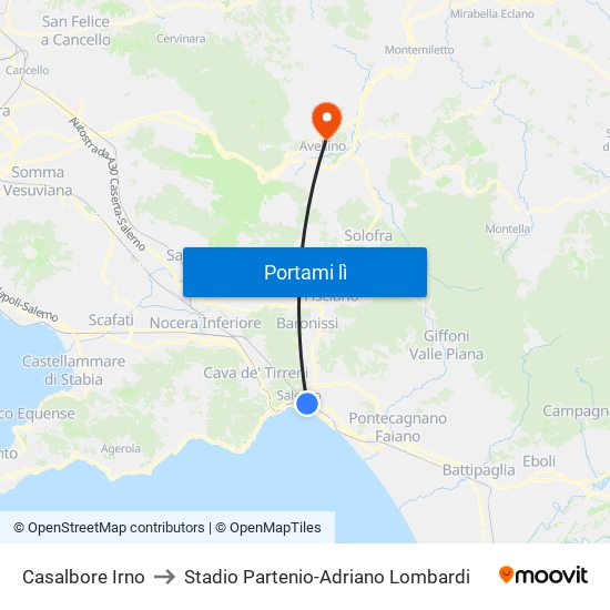 Casalbore Irno to Stadio Partenio-Adriano Lombardi map