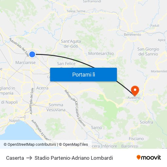 Caserta to Stadio Partenio-Adriano Lombardi map