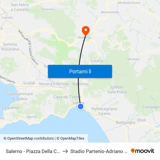 Salerno - Piazza Della Concordia to Stadio Partenio-Adriano Lombardi map