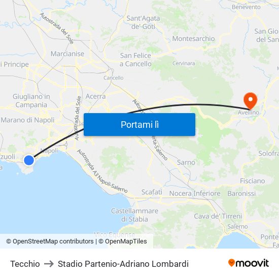 Tecchio to Stadio Partenio-Adriano Lombardi map