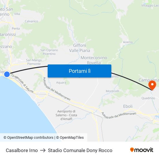 Casalbore Irno to Stadio Comunale Dony Rocco map