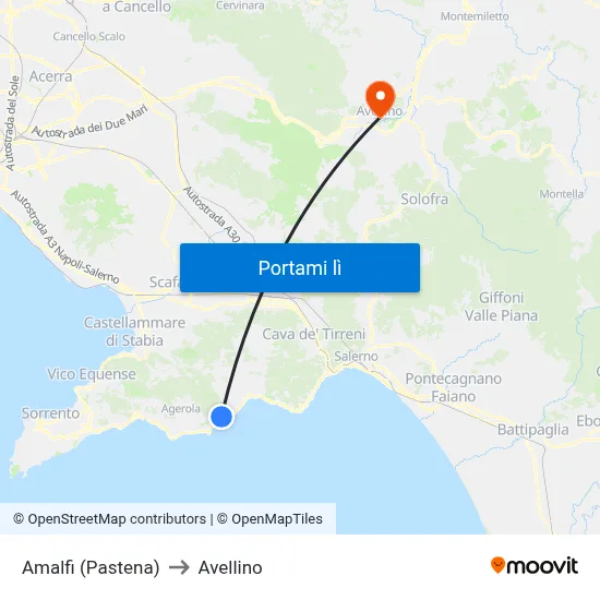 Amalfi (Pastena) to Avellino map