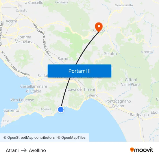 Atrani to Avellino map