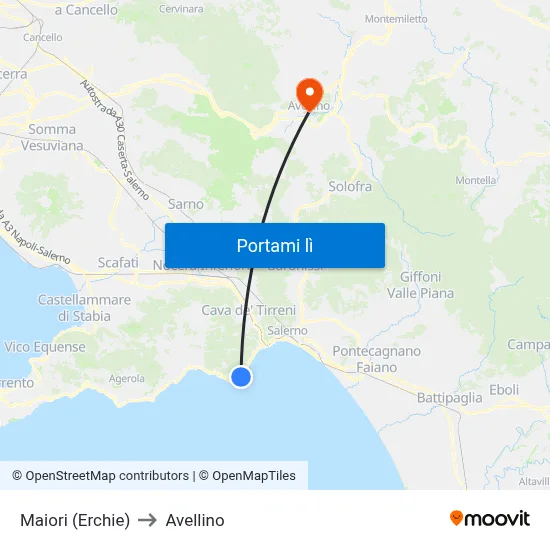 Maiori (Erchie) to Avellino map