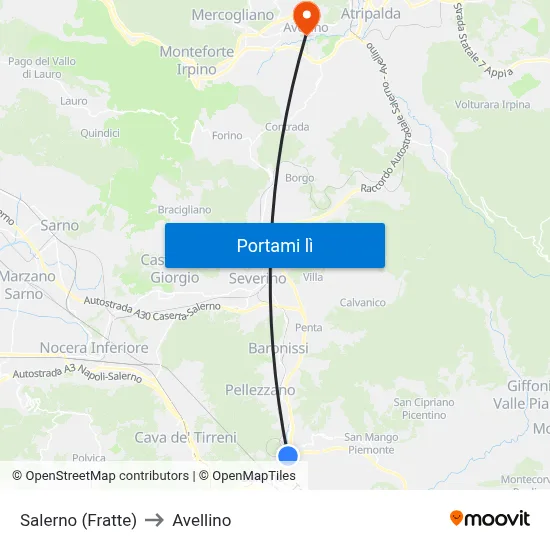 Salerno (Fratte) to Avellino map