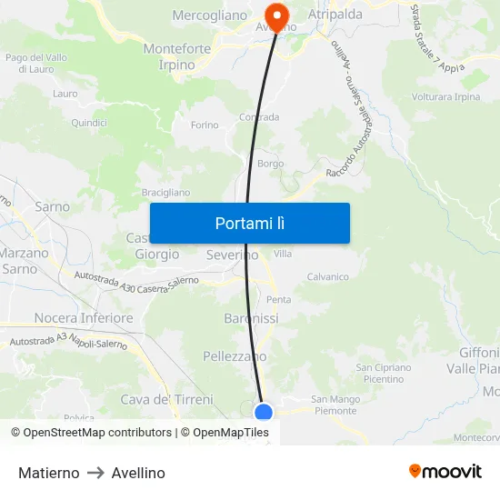 Matierno to Avellino map