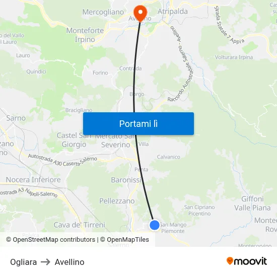 Ogliara to Avellino map