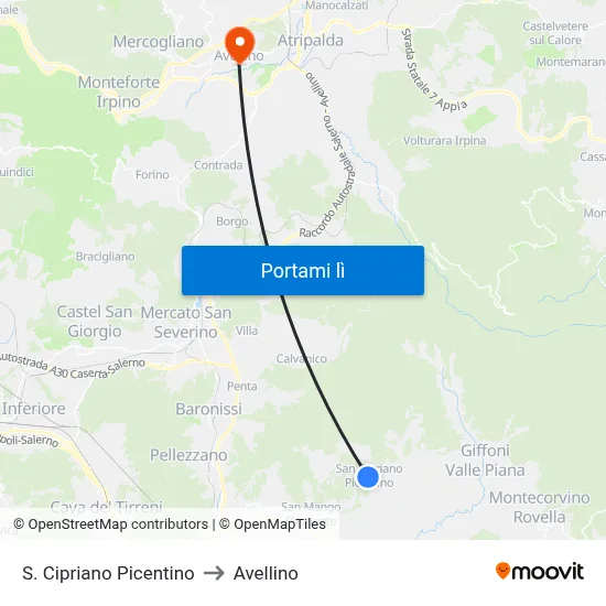 S. Cipriano Picentino to Avellino map