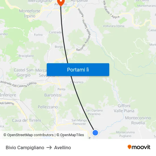 Bivio Campigliano to Avellino map