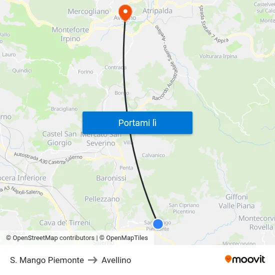 S. Mango Piemonte to Avellino map
