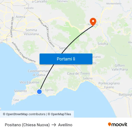 Positano (Chiesa Nuova) to Avellino map