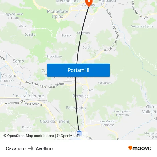 Cavaliero to Avellino map