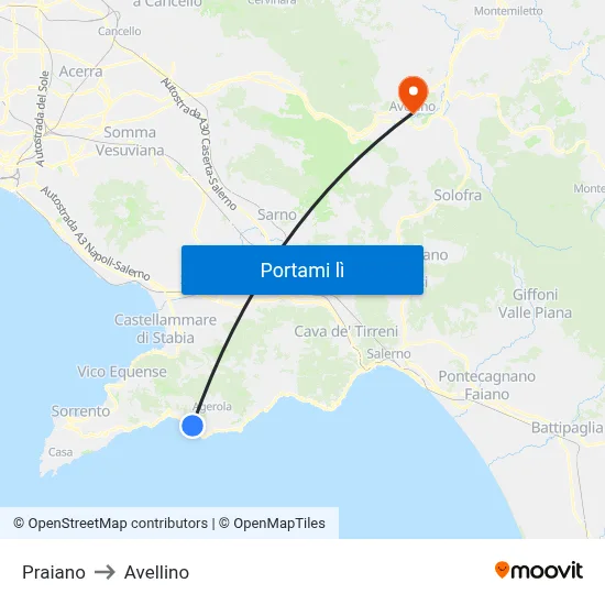 Praiano to Avellino map