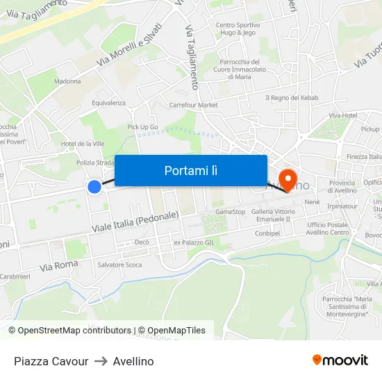 Piazza Cavour to Avellino map