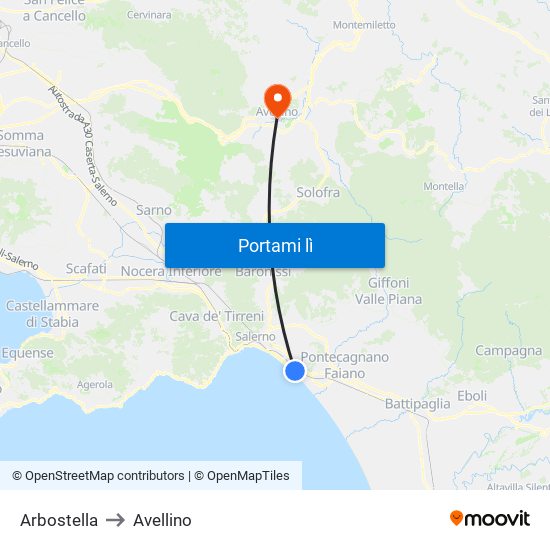 Arbostella to Avellino map