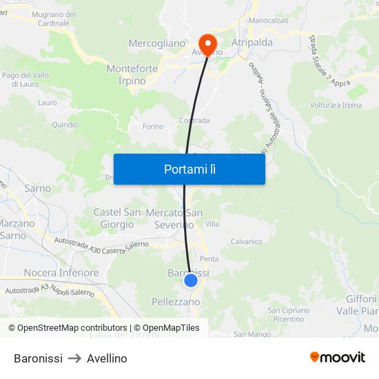 Baronissi to Avellino map