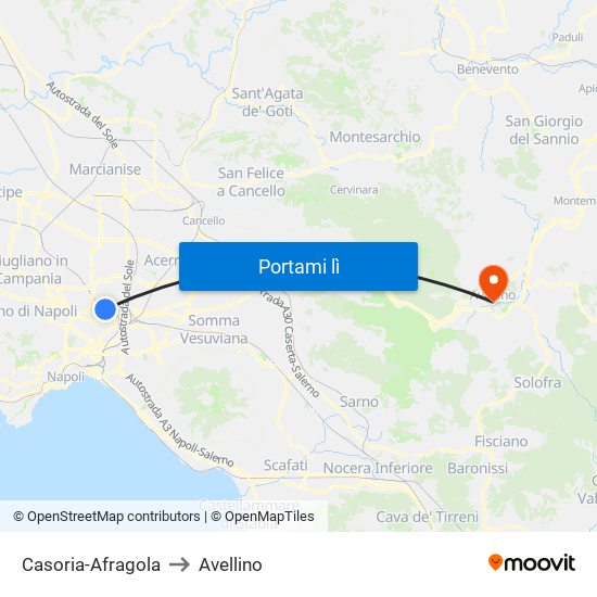 Casoria-Afragola to Avellino map