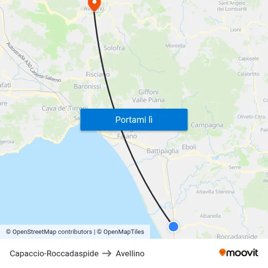 Capaccio-Roccadaspide to Avellino map