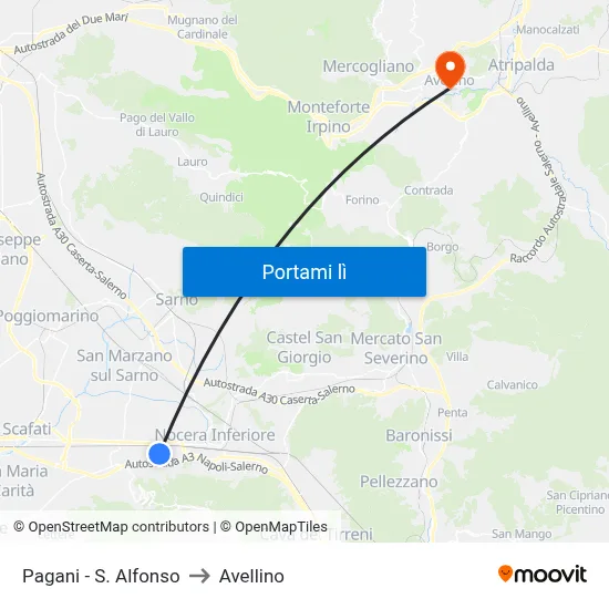 Pagani - S. Alfonso to Avellino map