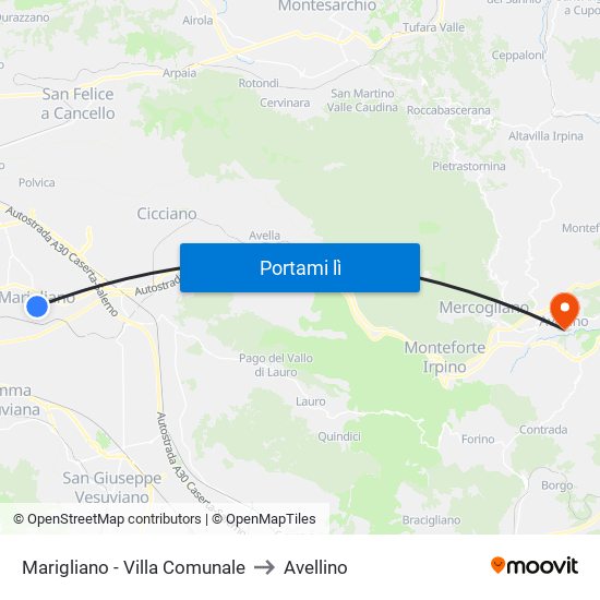 Marigliano - Villa Comunale to Avellino map