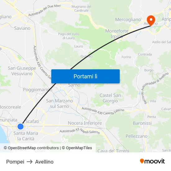 Pompei to Avellino map
