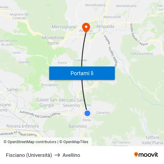 Fisciano (Università) to Avellino map