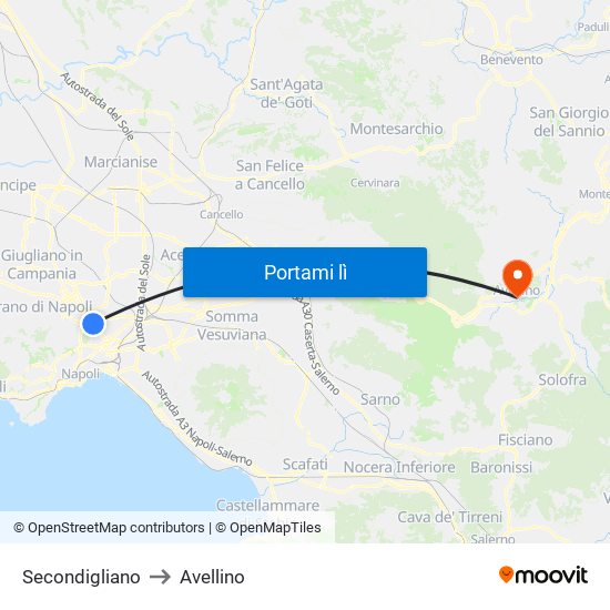 Secondigliano to Avellino map