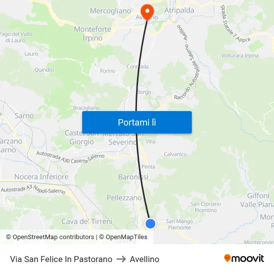 Via San Felice In Pastorano to Avellino map