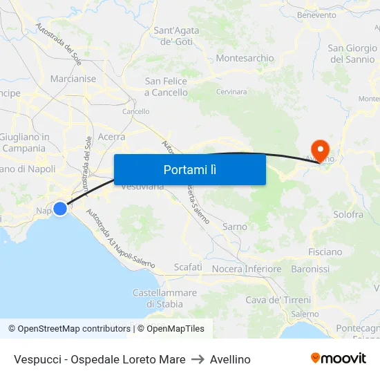 Vespucci - Ospedale Loreto Mare to Avellino map