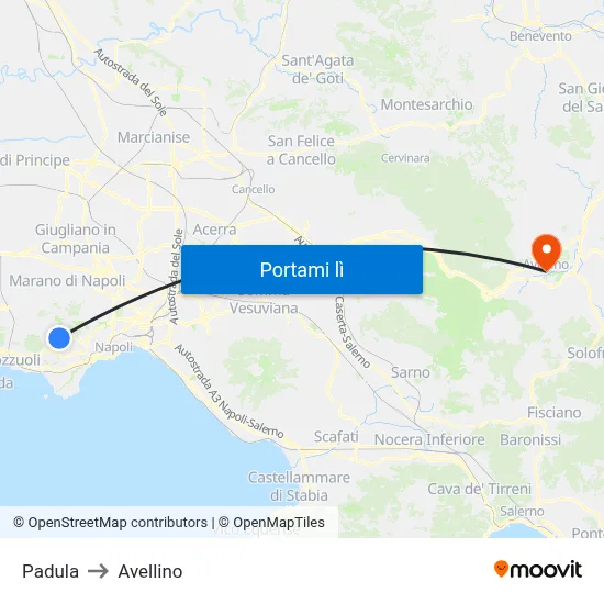 Padula to Avellino map