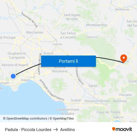 Padula - Piccola Lourdes to Avellino map