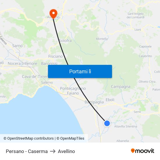 Persano - Caserma to Avellino map