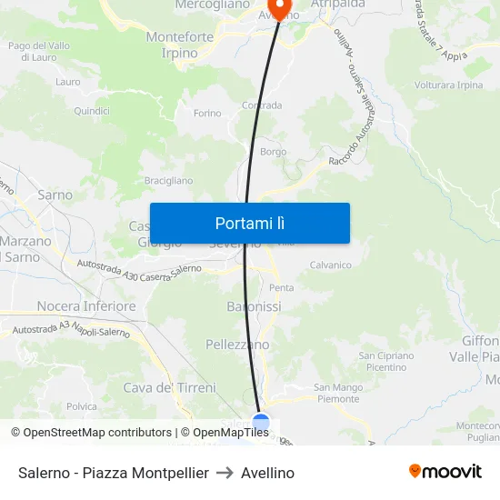 Salerno - Piazza Montpellier to Avellino map