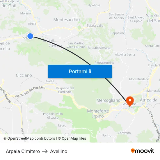 Arpaia Cimitero to Avellino map