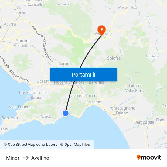 Minori to Avellino map