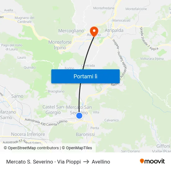 Mercato S. Severino - Via Pioppi to Avellino map