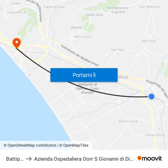 Battipaglia to Azienda Ospedaliera Oorr S Giovanni di Dio e Ruggi d'Aragona / map
