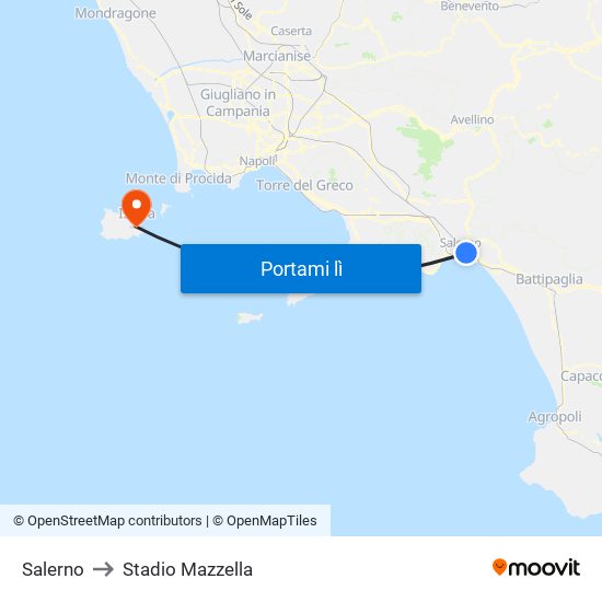 Salerno to Stadio Mazzella map