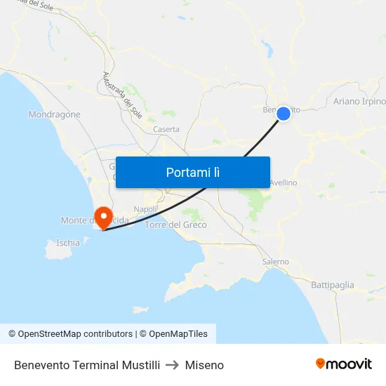 Benevento Terminal Mustilli to Miseno map